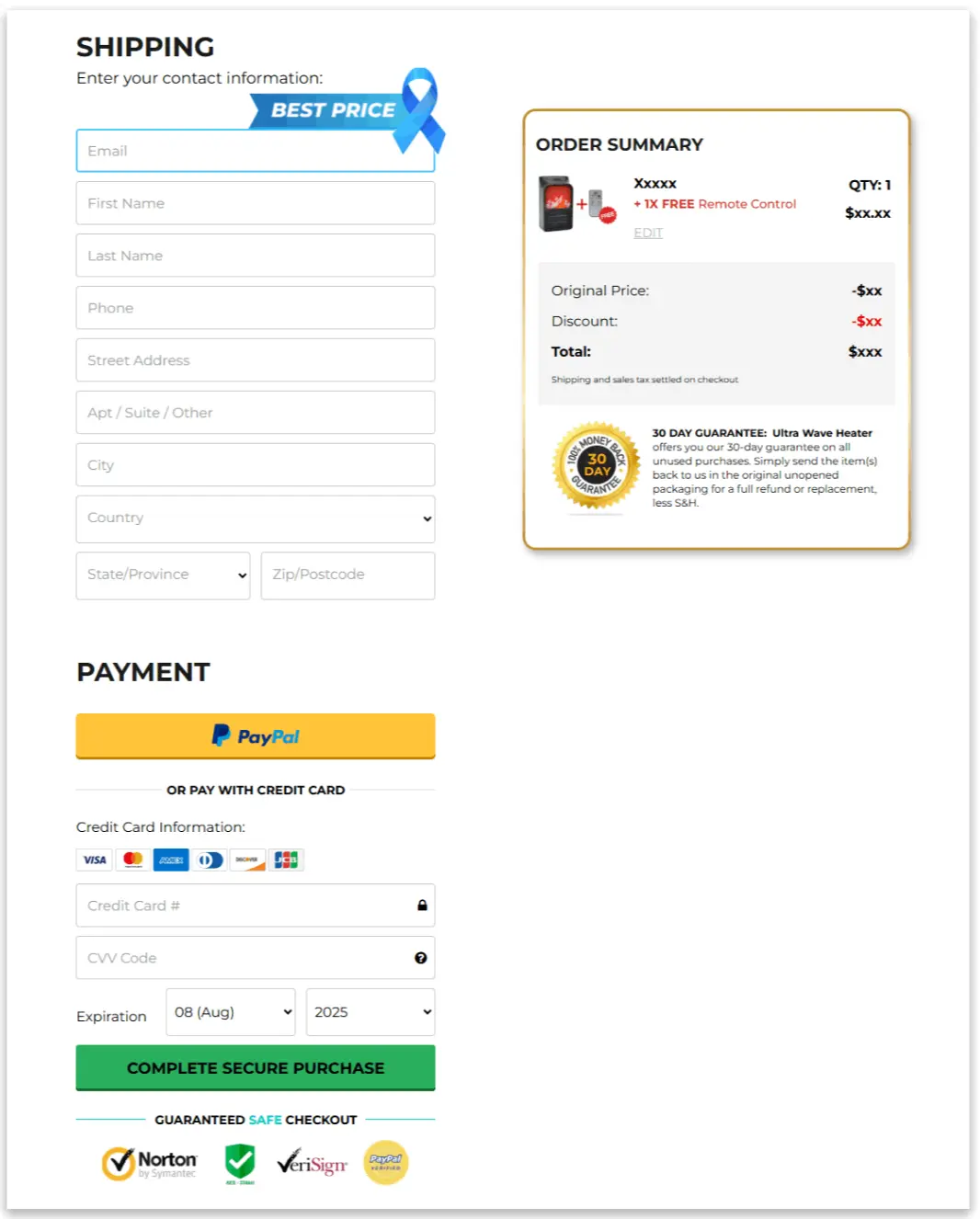 Ultra Wave Heater Secure Checkout Page
